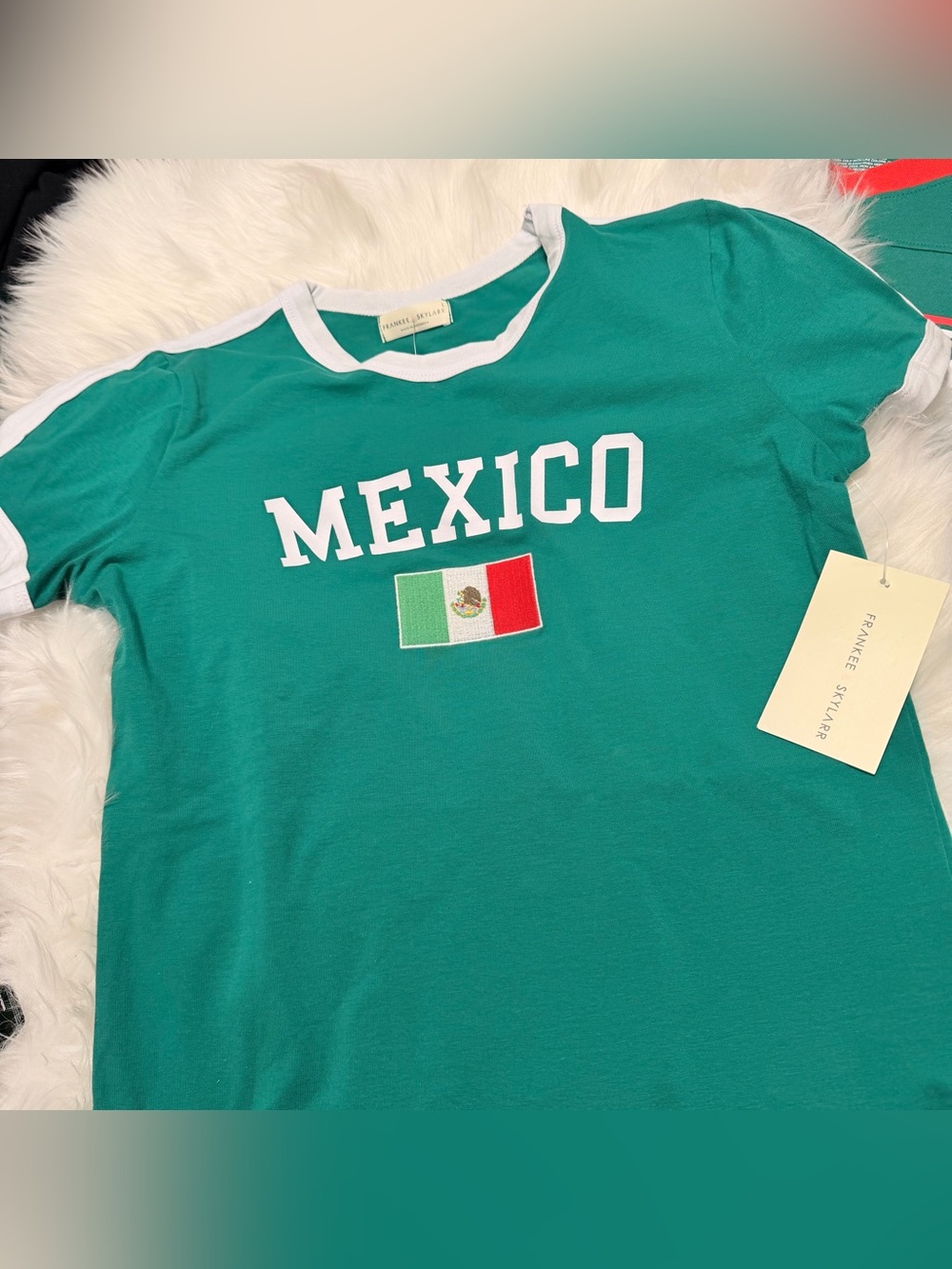 Green Mexico Ringer Tee with Flag Patch